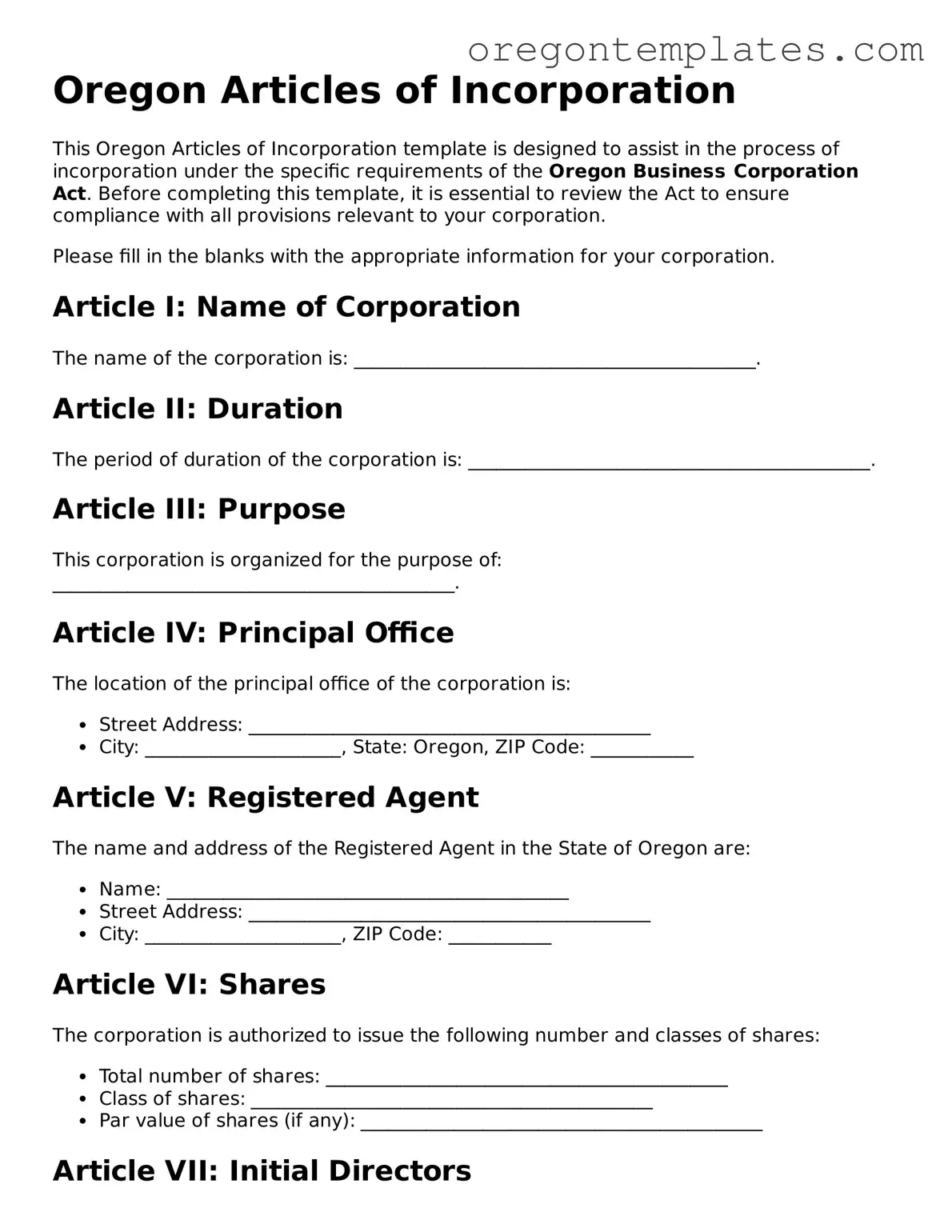 Blank Oregon Articles of Incorporation Form