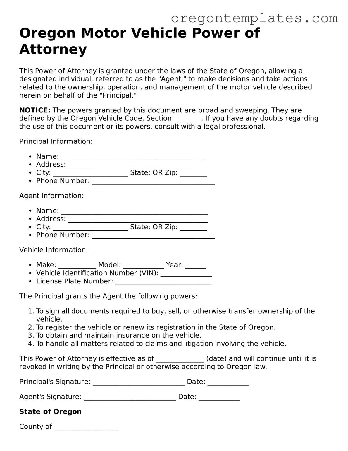 Blank Oregon Motor Vehicle Power of Attorney Form