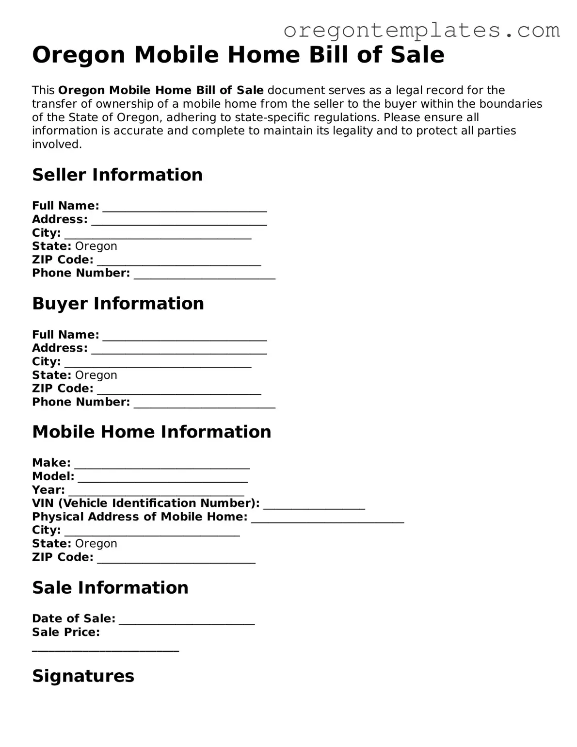 Blank Oregon Mobile Home Bill of Sale Form