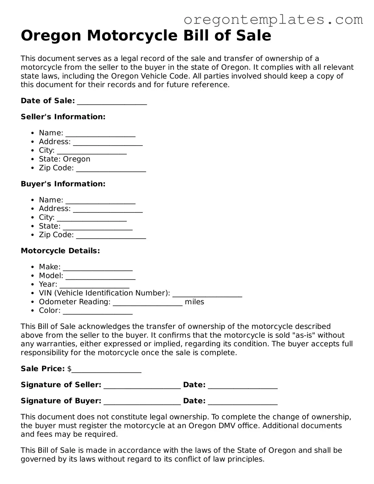 Blank Oregon Motorcycle Bill of Sale Form