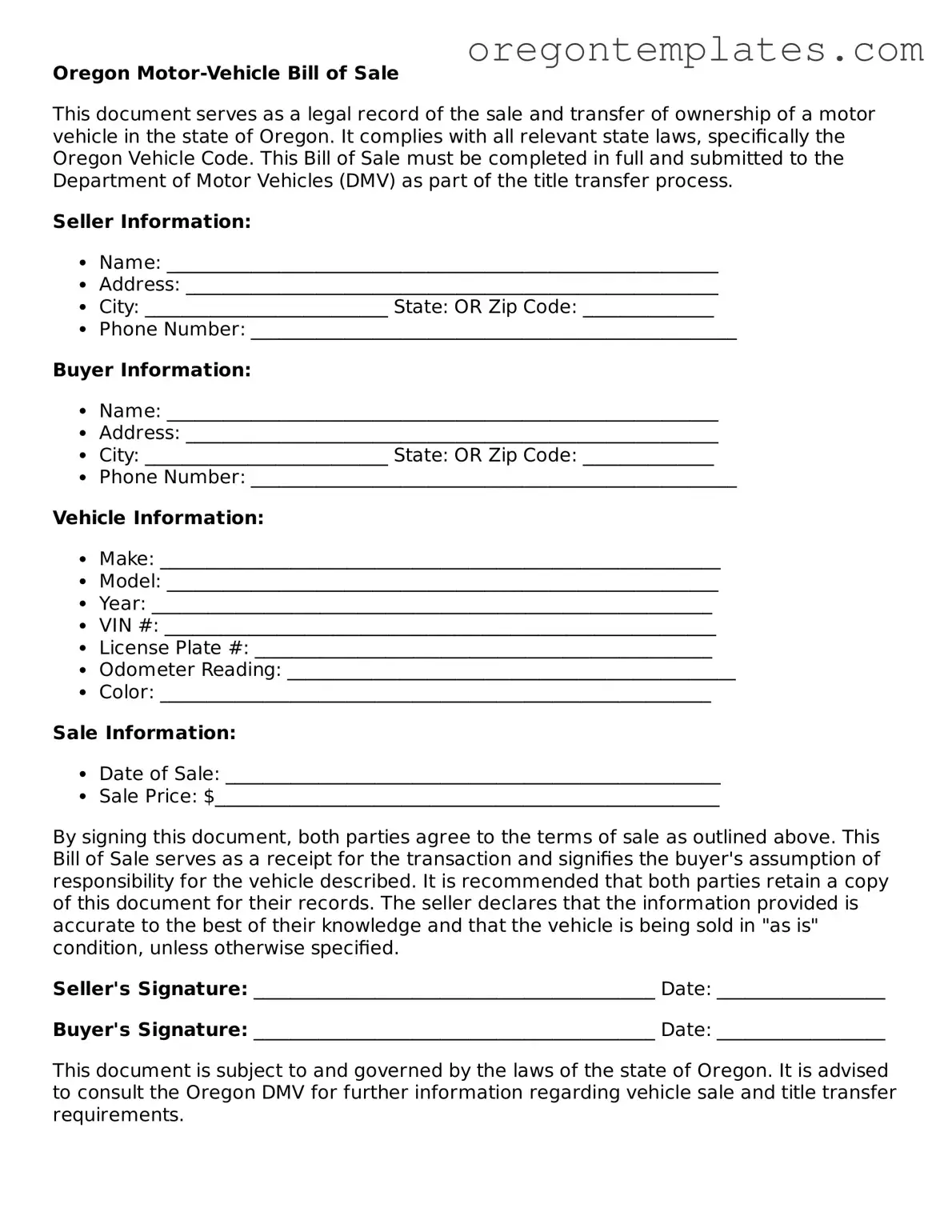 Blank Oregon Motor Vehicle Bill of Sale Form