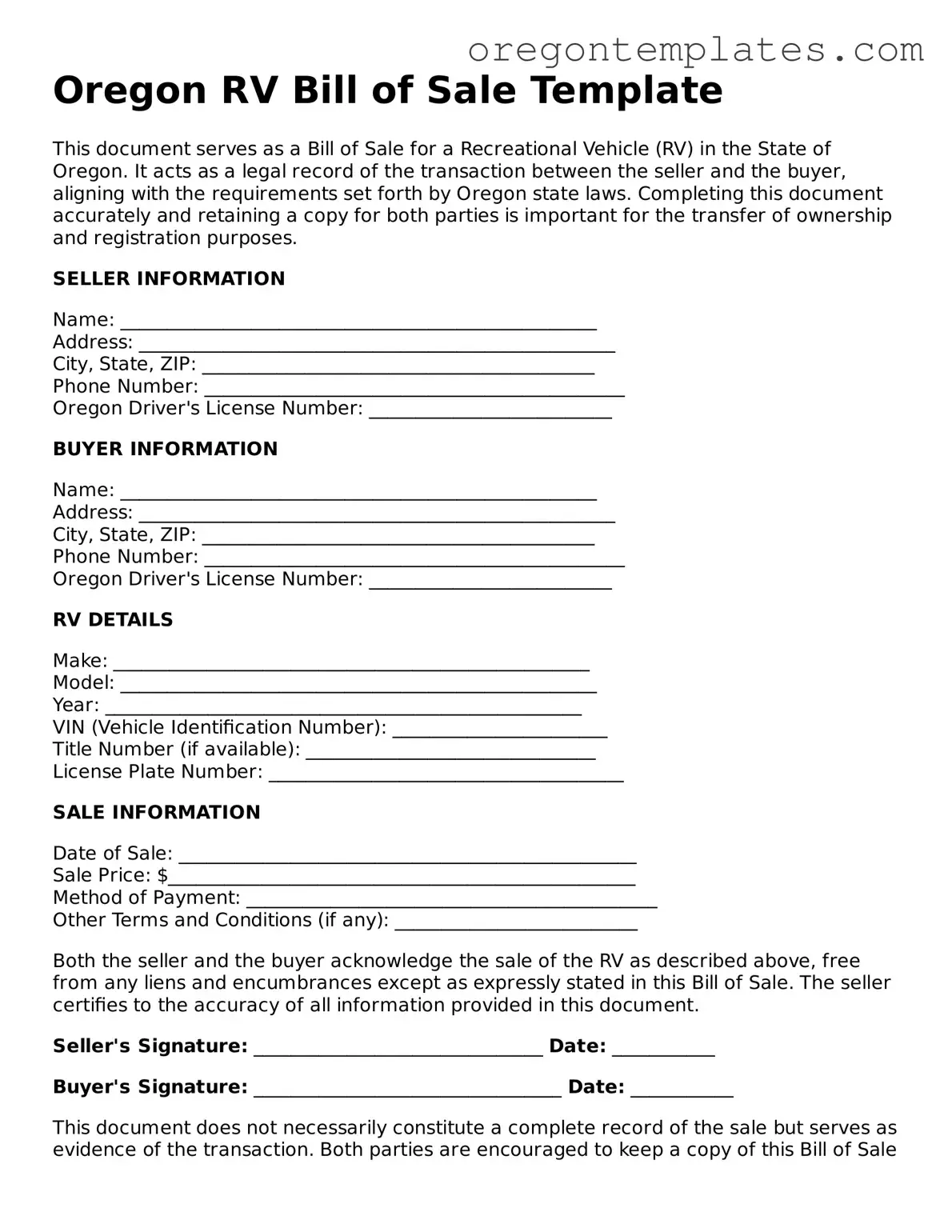 Blank Oregon RV Bill of Sale Form