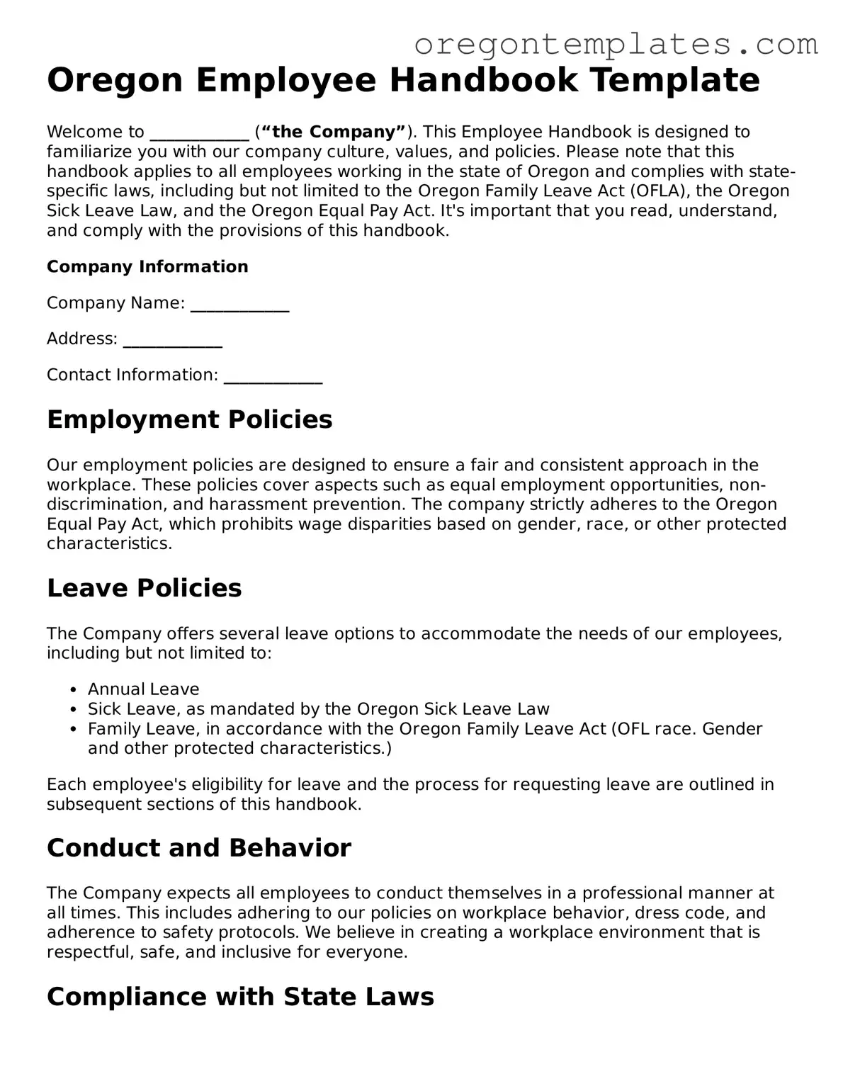 Blank Oregon Employee Handbook Form