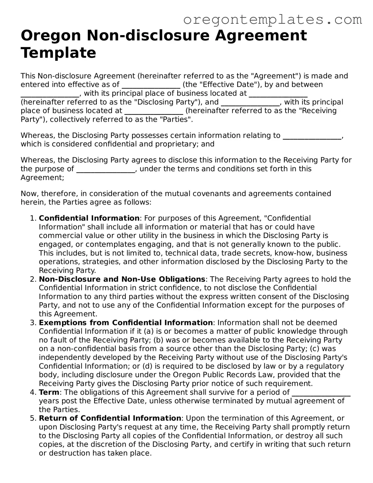Blank Oregon Non-disclosure Agreement Form