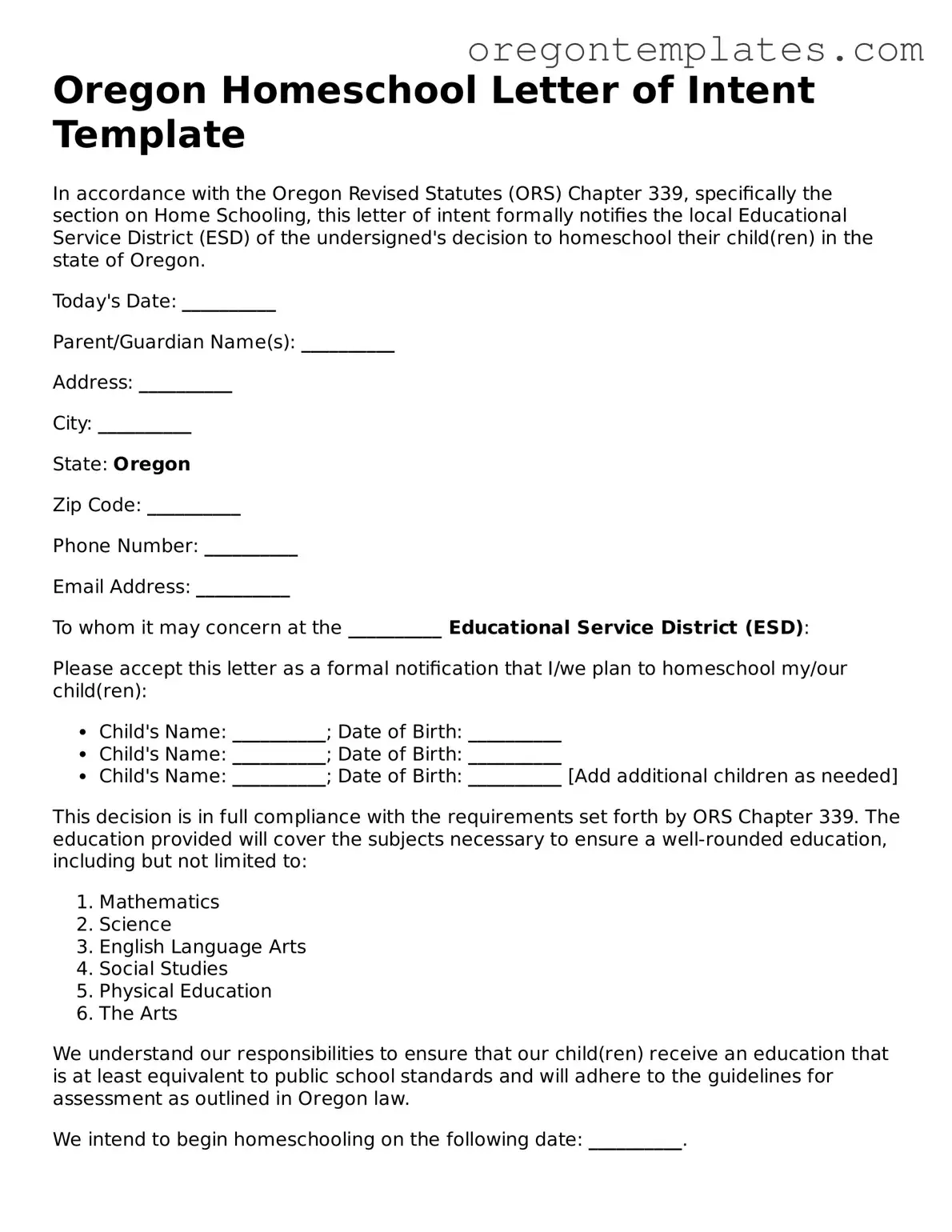 Blank Oregon Homeschool Letter of Intent Form