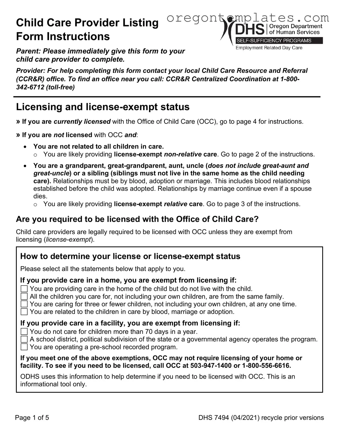 Oregon Dhs Child Care Provider Template