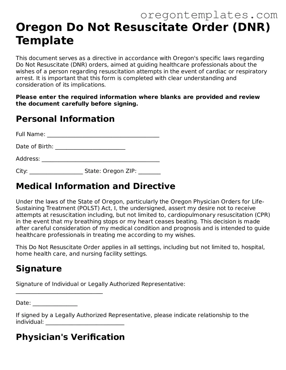 Blank Oregon Do Not Resuscitate Order Form