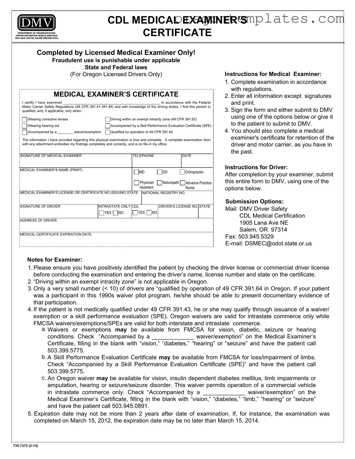Oregon Dot Card For Cdl Template