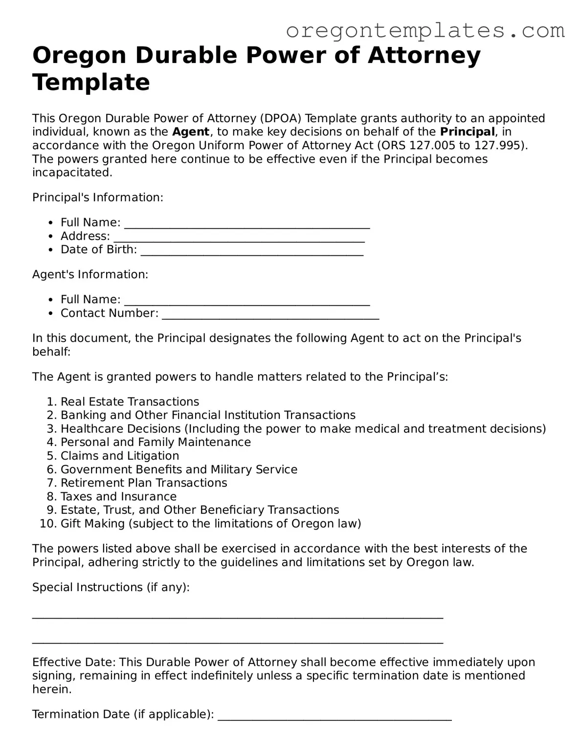 Blank Oregon Durable Power of Attorney Form