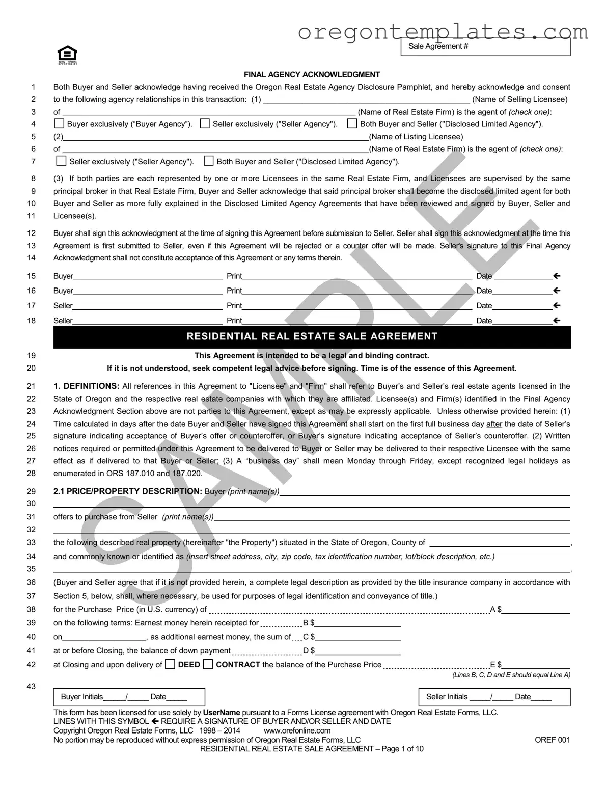 Oregon Estate Sale Agreement Template