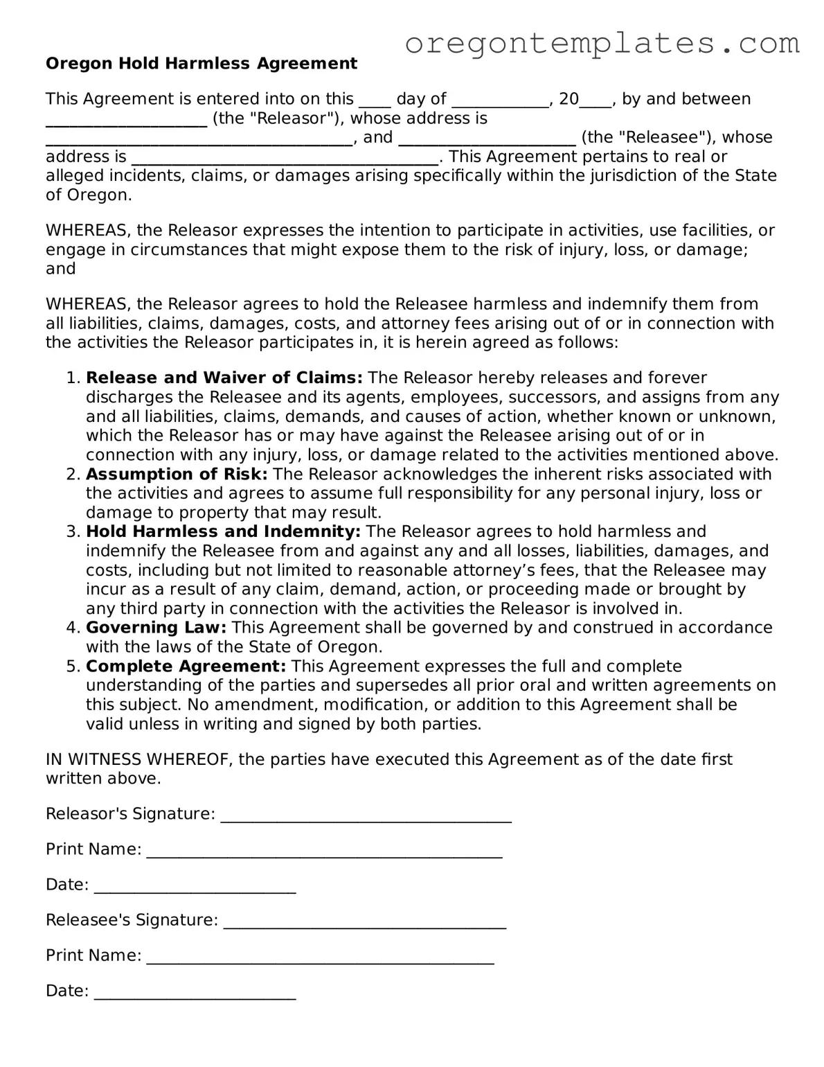 Blank Oregon Hold Harmless Agreement Form