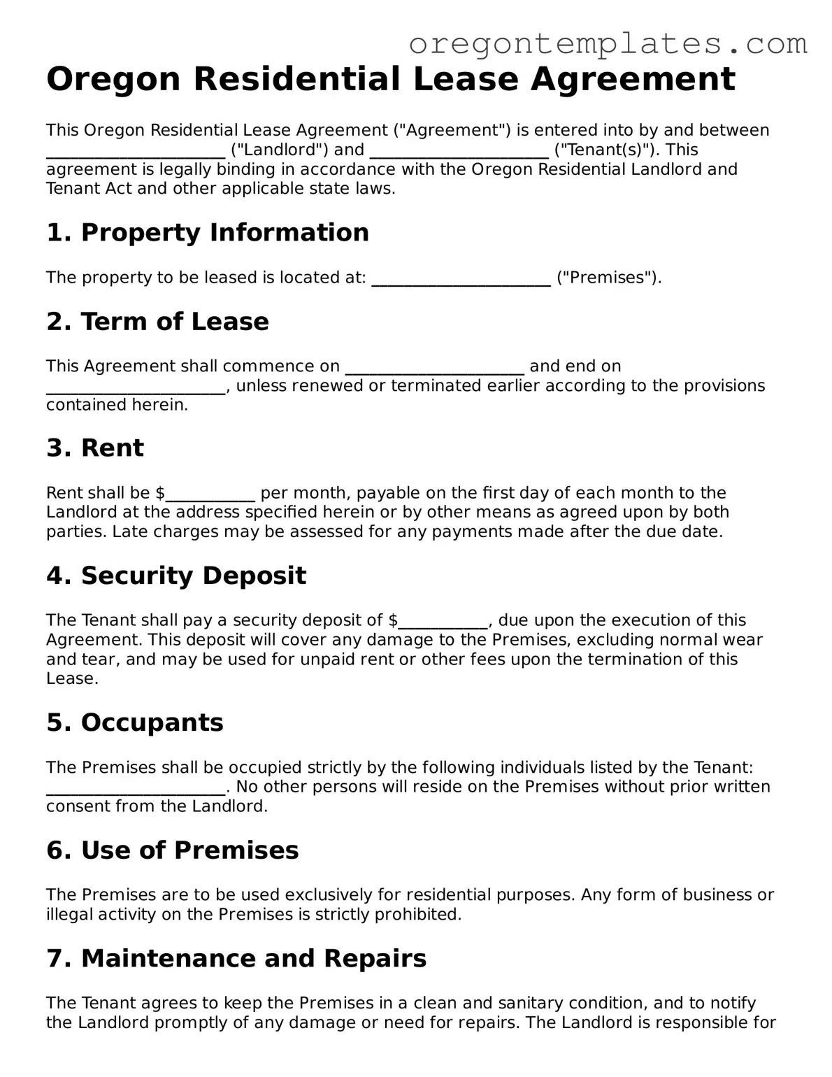Blank Oregon Residential Lease Agreement Form