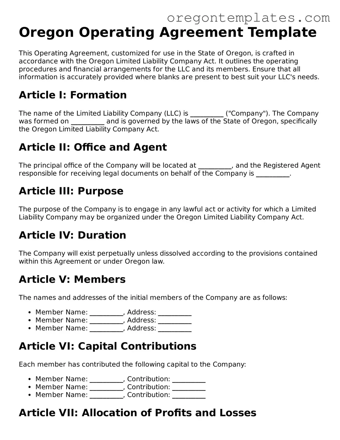 Blank Oregon Operating Agreement Form