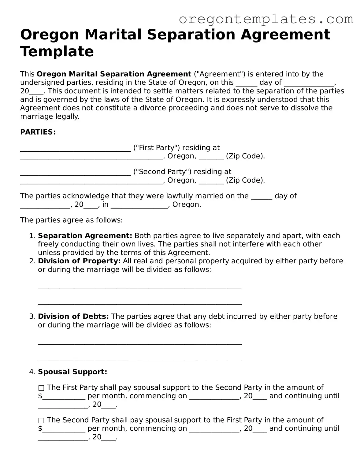Blank Oregon Marital Separation Agreement Form