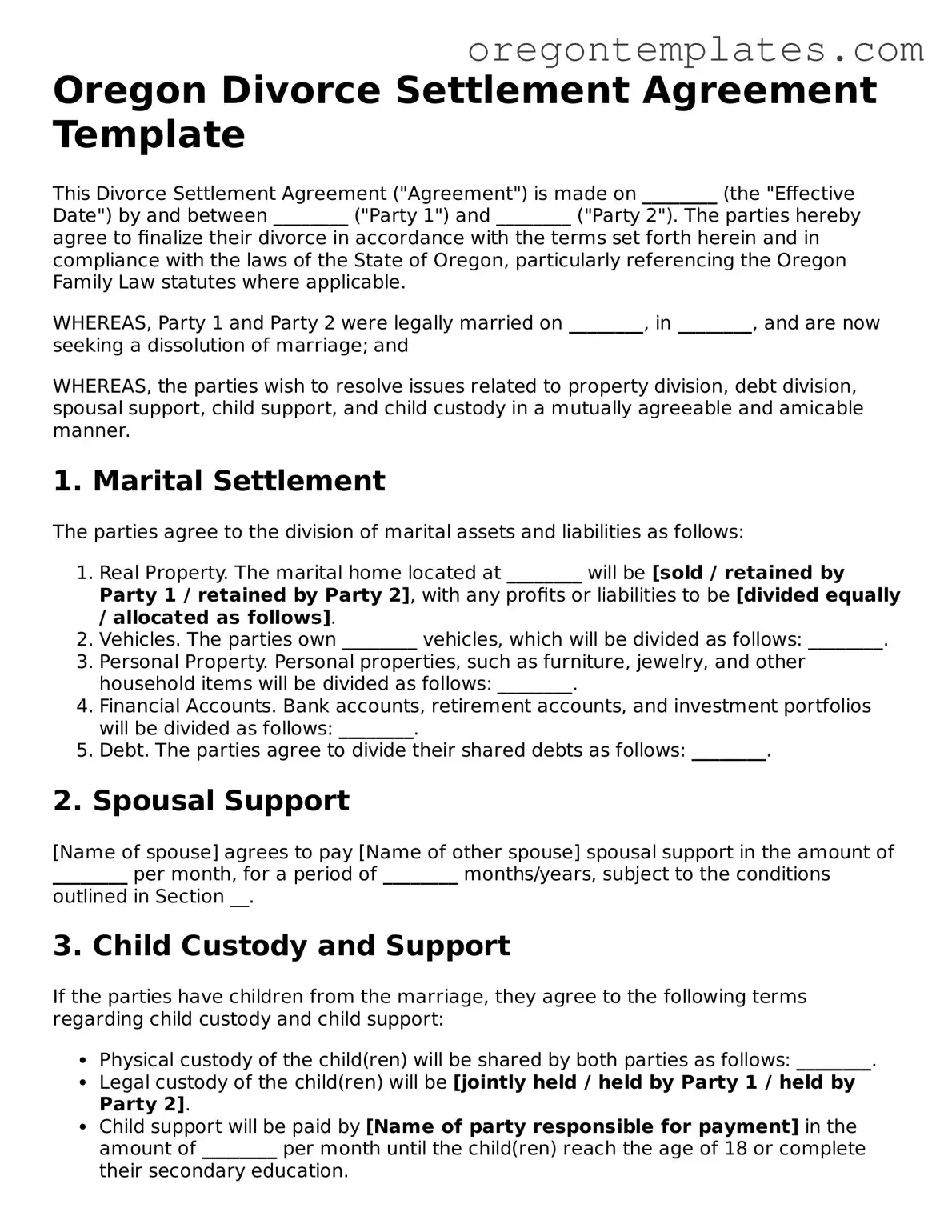 Blank Oregon Divorce Settlement Agreement Form