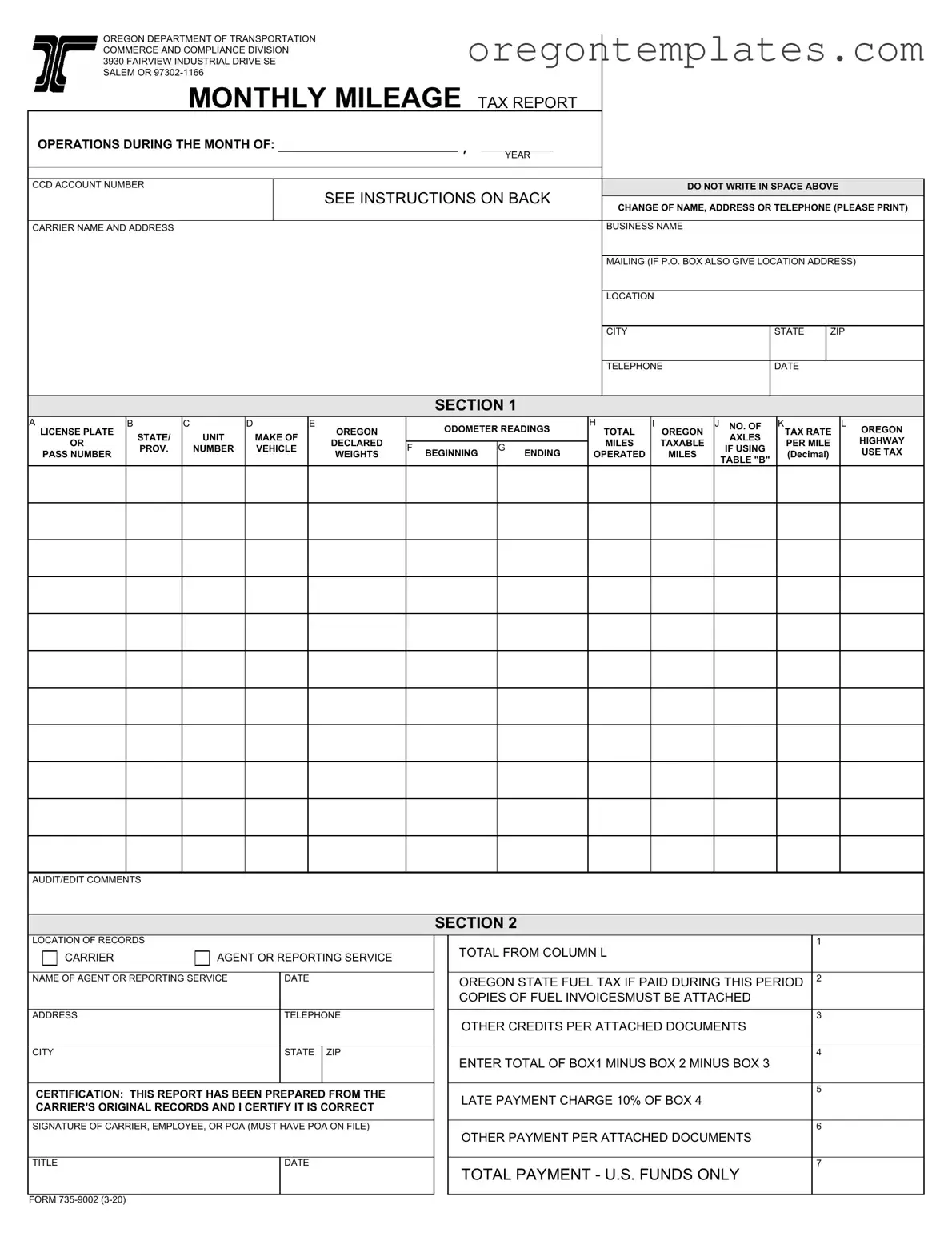 Oregon Monthly Mileage Tax Template