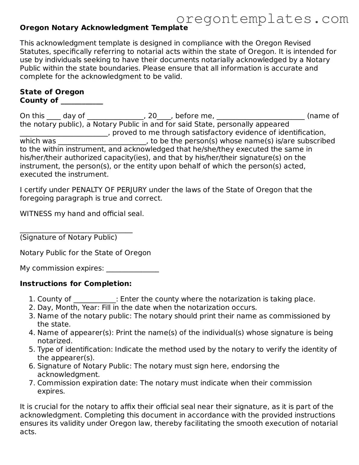 Blank Oregon Notary Acknowledgement Form
