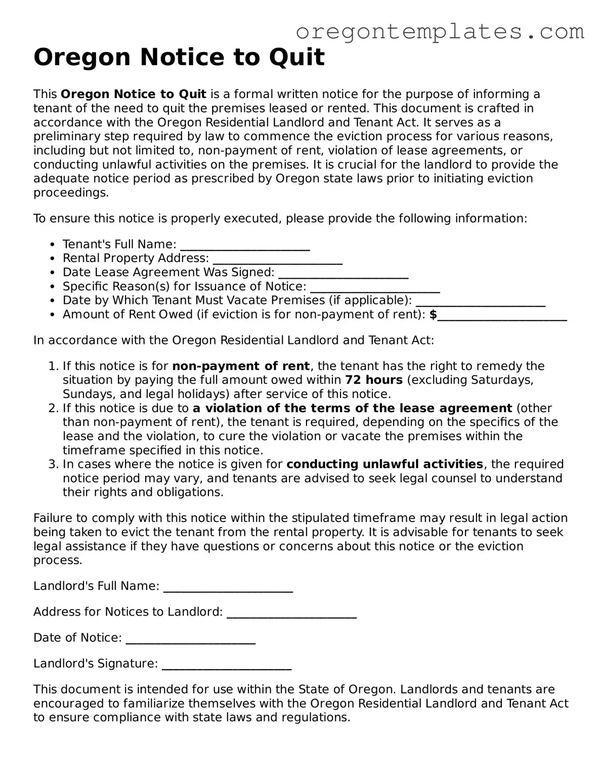 Blank Oregon Notice to Quit Form