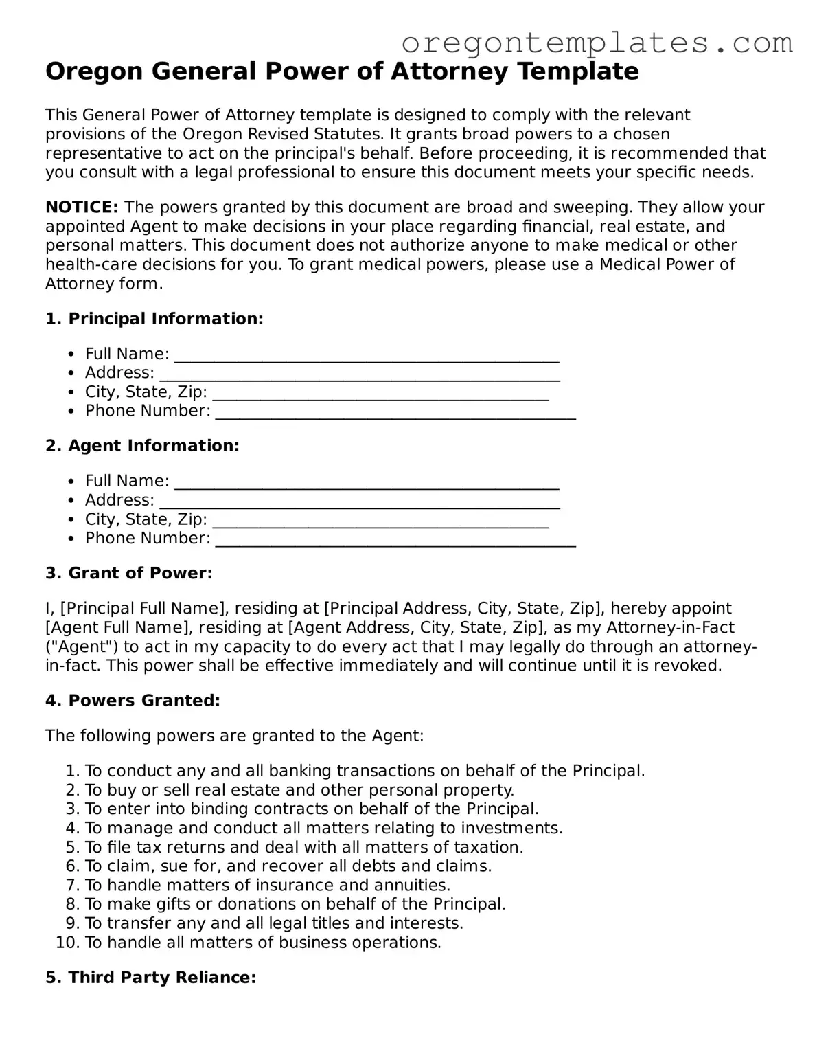 Blank Oregon General Power of Attorney Form