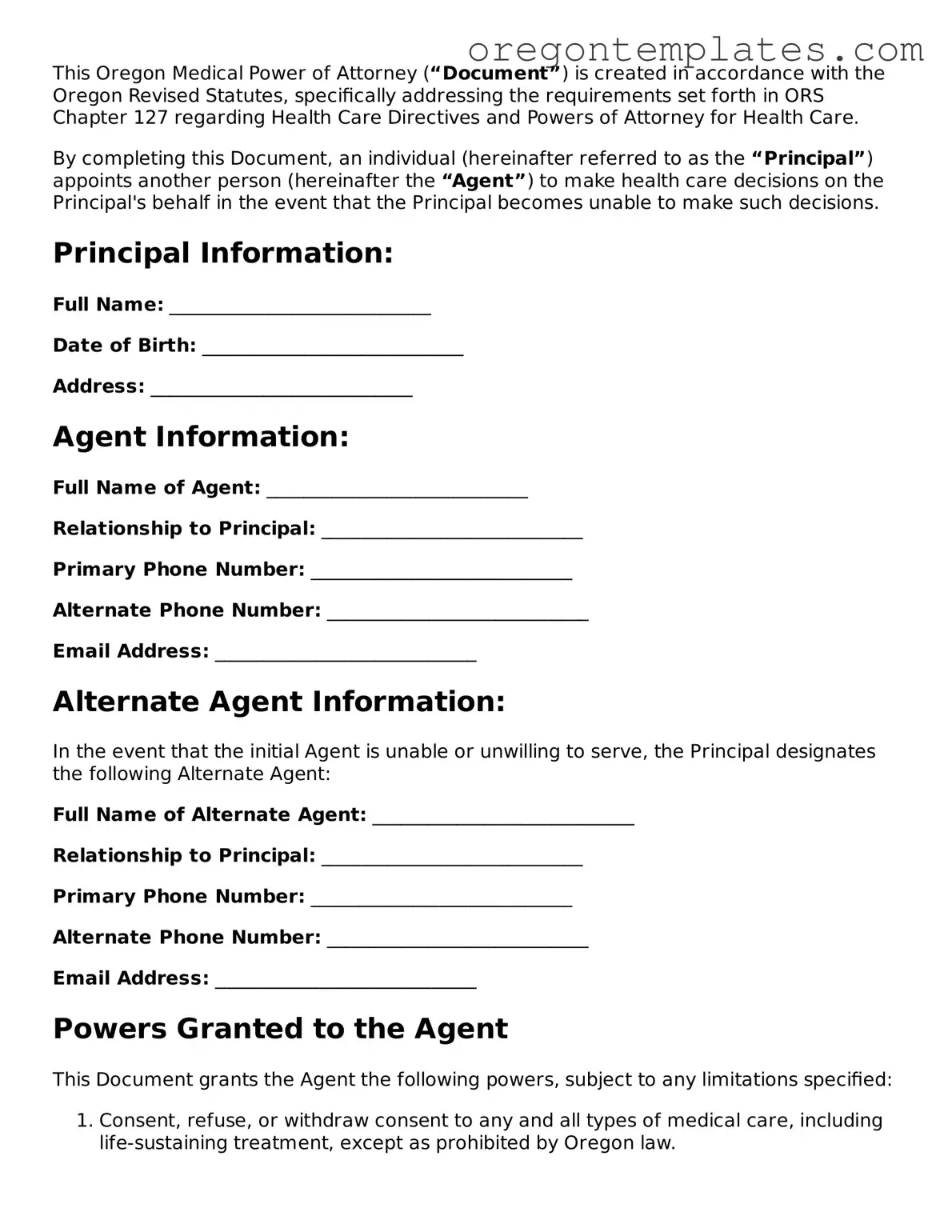 Blank Oregon Medical Power of Attorney Form