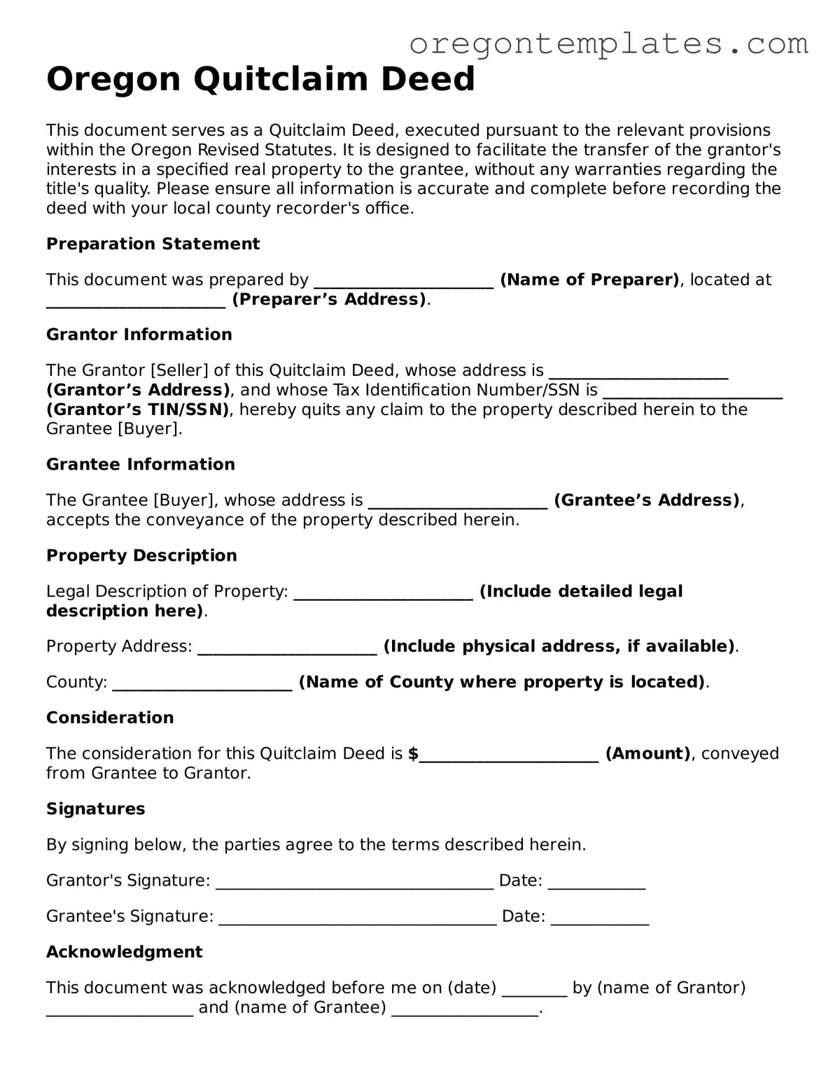 Blank Oregon Quitclaim Deed Form