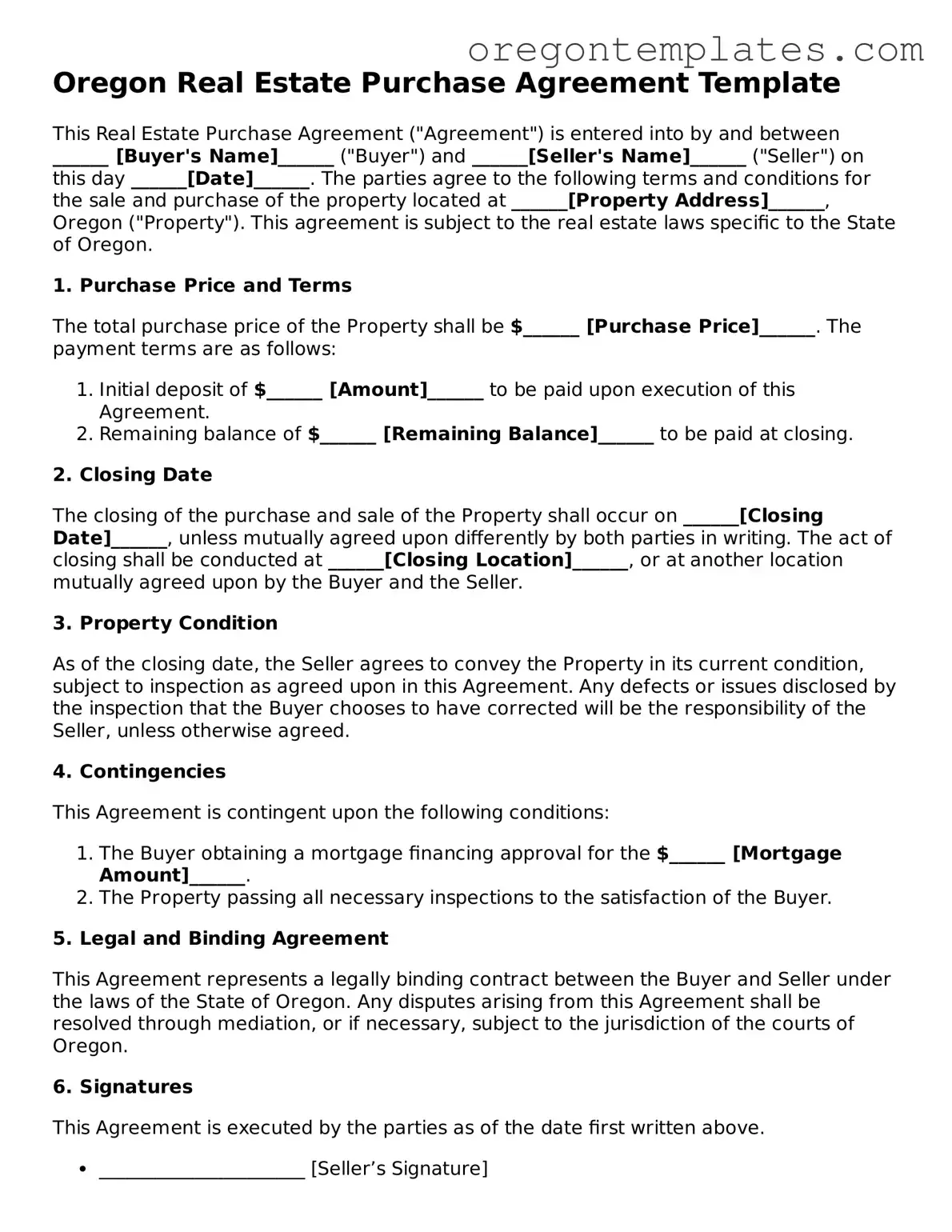 Blank Oregon Real Estate Purchase Agreement Form