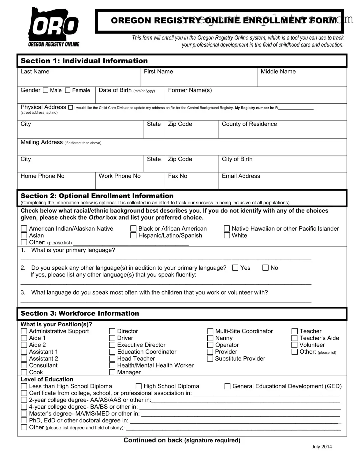 Oregon Registry Enrollment Template