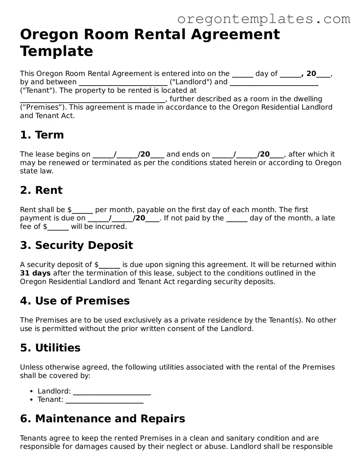 Blank Oregon Room Rental Agreement Form