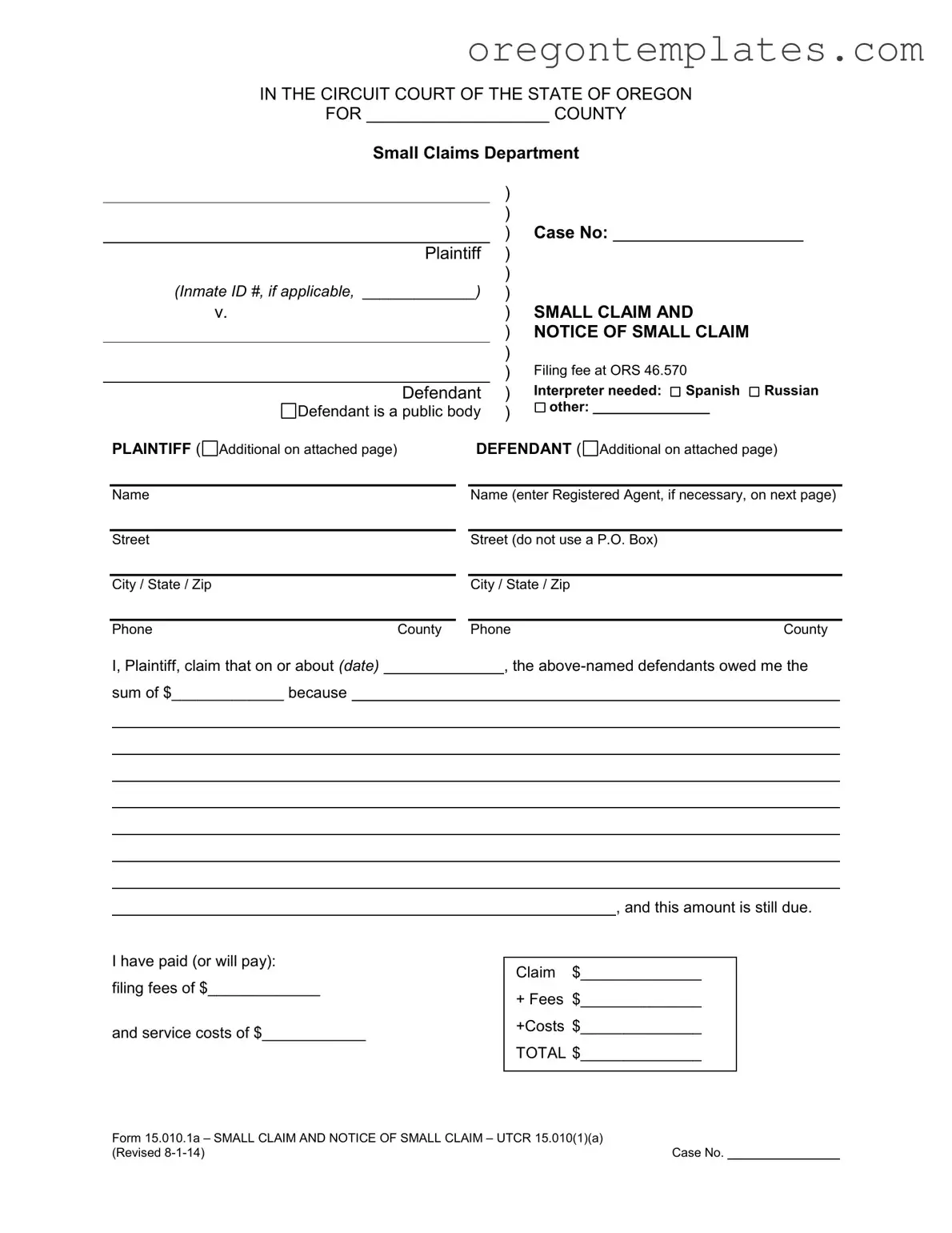 Oregon Small Claim Template