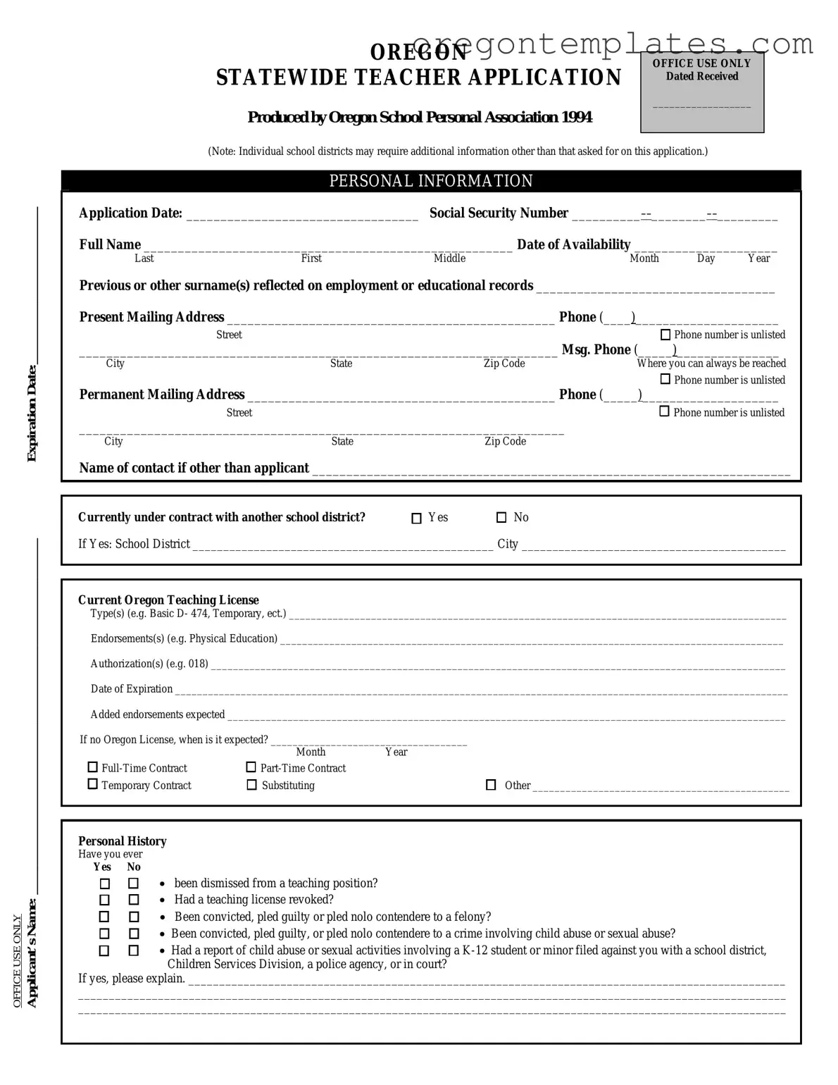 Oregon Teacher Application Template