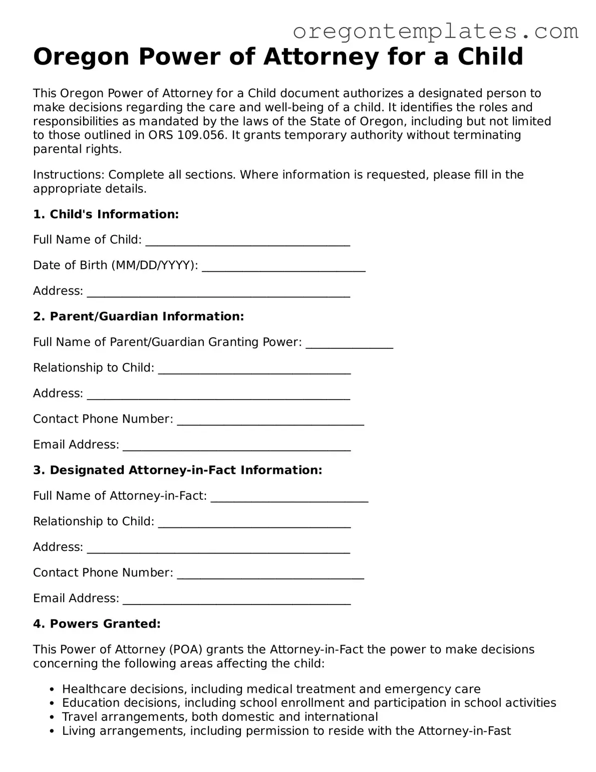Blank Oregon Power of Attorney for a Child Form