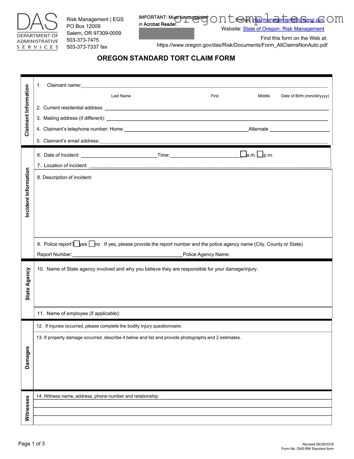 Oregon Tort Claim Template