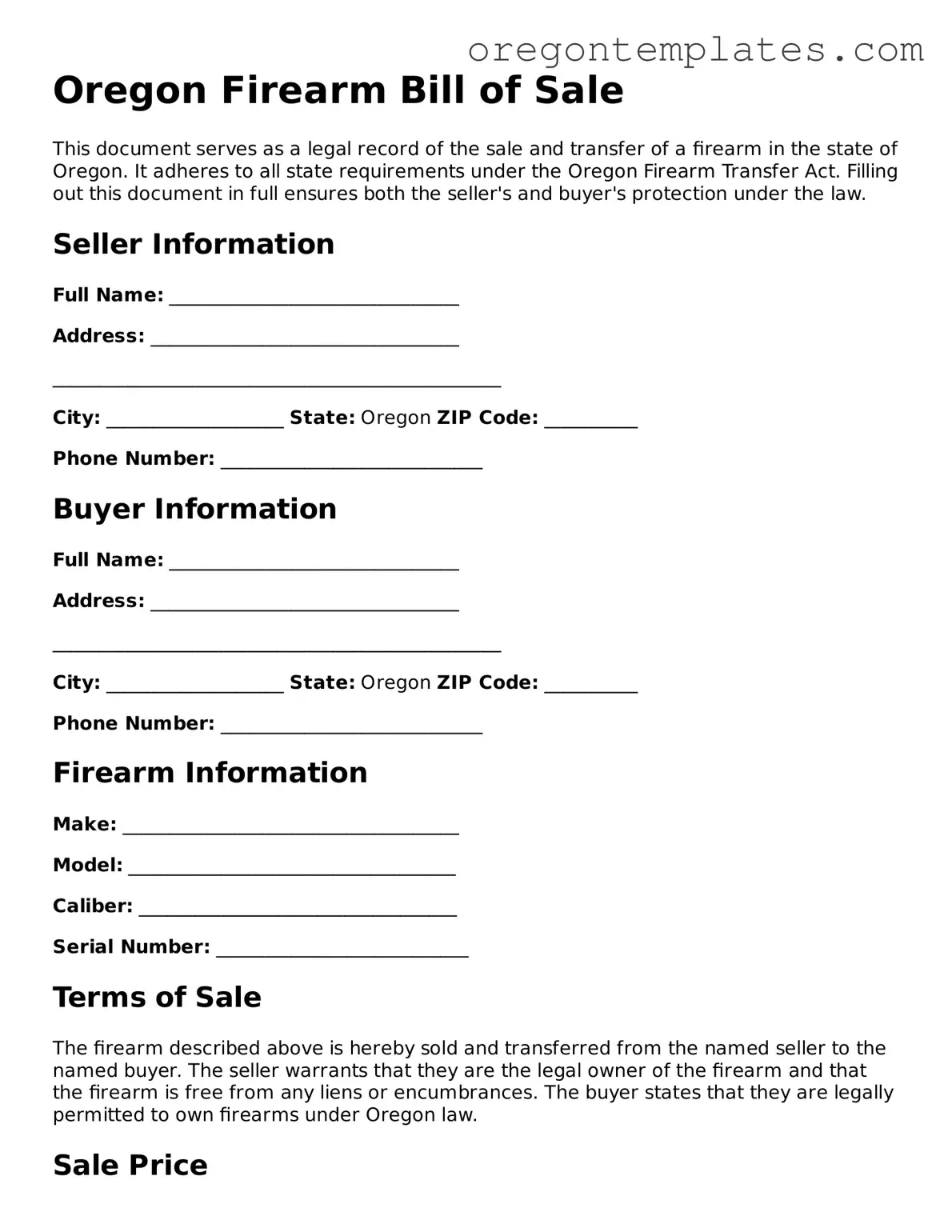 Blank Oregon Firearm Bill of Sale Form
