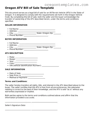 Blank Oregon ATV Bill of Sale Form