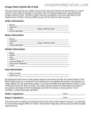 Blank Oregon Motor Vehicle Bill of Sale Form