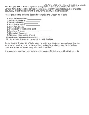 Blank Oregon Bill of Sale Form