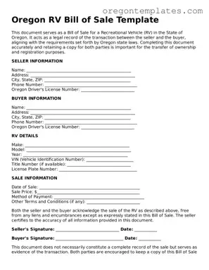 Blank Oregon RV Bill of Sale Form