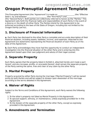 Blank Oregon Prenuptial Agreement Form