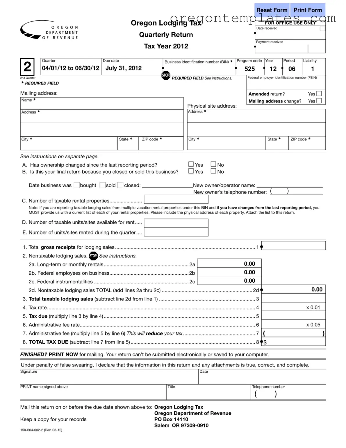 State Of Oregon Lodging Tax Template